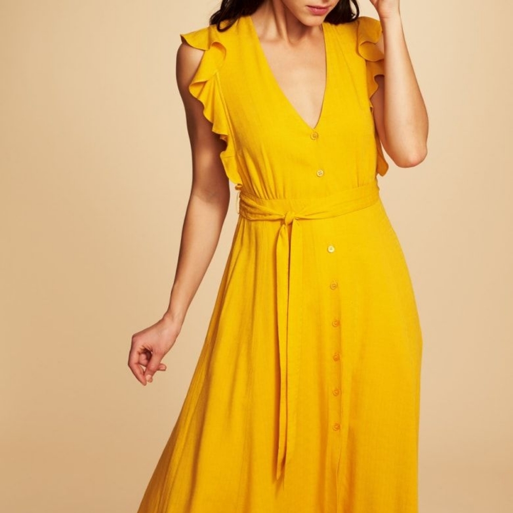 1. State Ruffle Sleeve Marigold Midi Dress